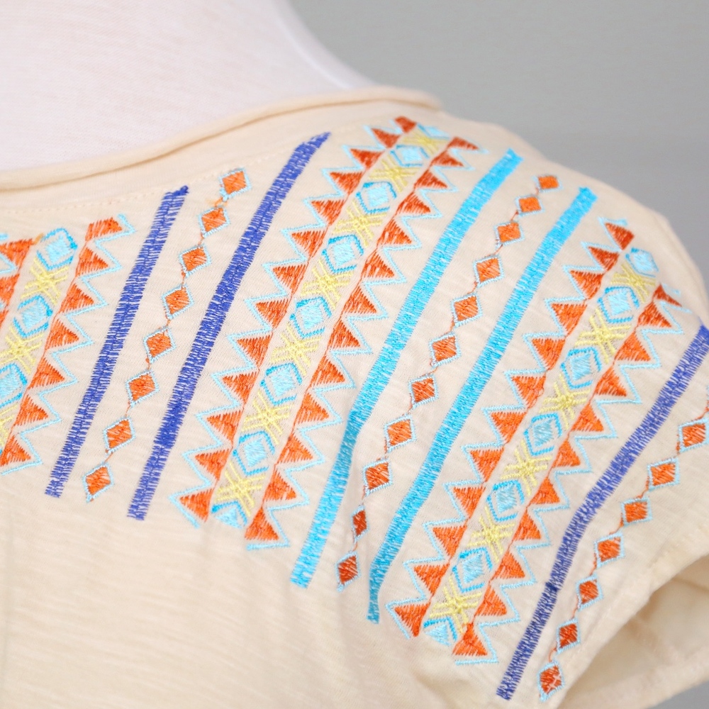 109- Beige Aztec Embroidered Short Sleeve Top - Picture 2 of 3